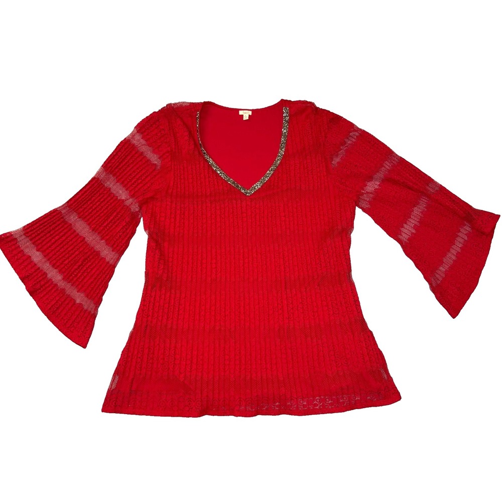 Reba Womens Red Lace Bell Sleeve V-Neck Beaded Trim Top Size Large